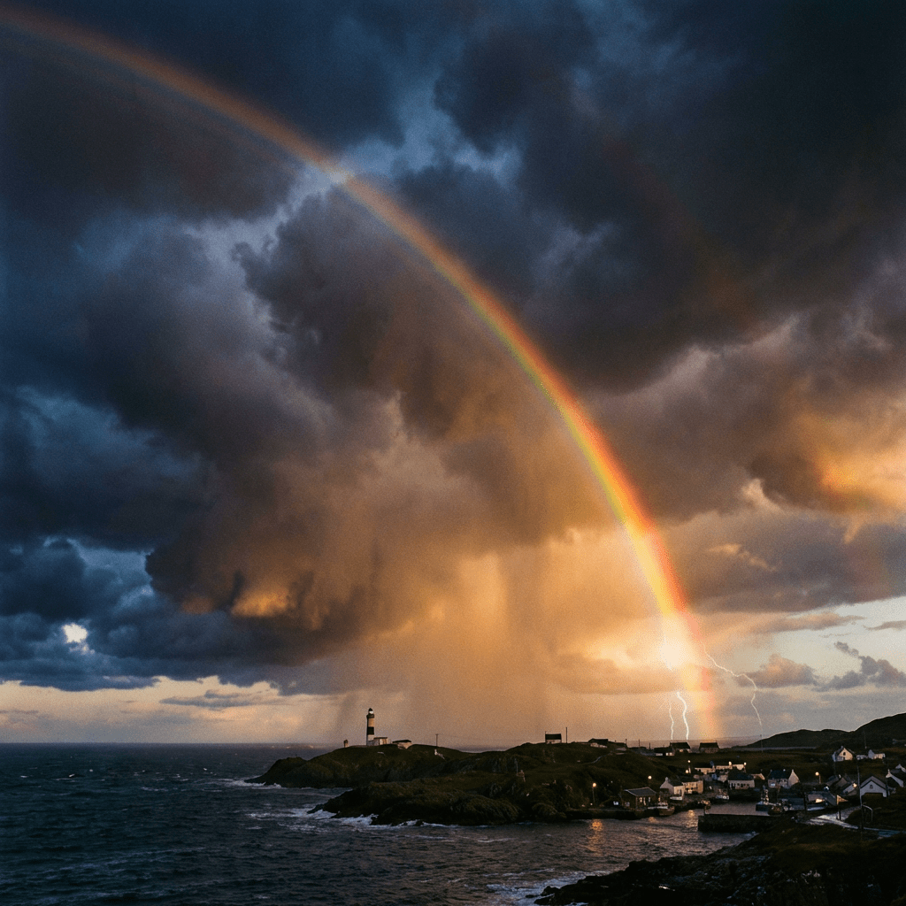 A vibrant double rainbow and lightning strikes occur over a coastal village with a lighthouse.
