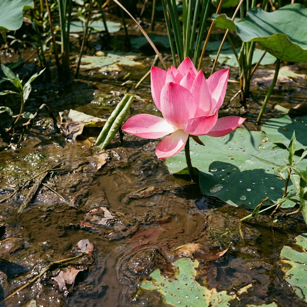 A vibrant pink lotus flower blooming in a marshy pond with green lily pads.